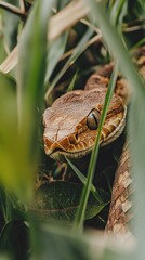 Fototapeta premium Close-up of a camouflaged snake in tall grass.