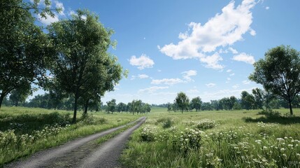 Summer Countryside Landscape: Dirt Road Through a Flowery Field