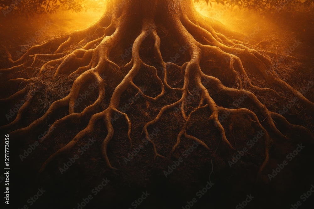 Aufkleber a mystical tree root system illuminated by warm light, creating an enchanting atmosphere, showcasing
