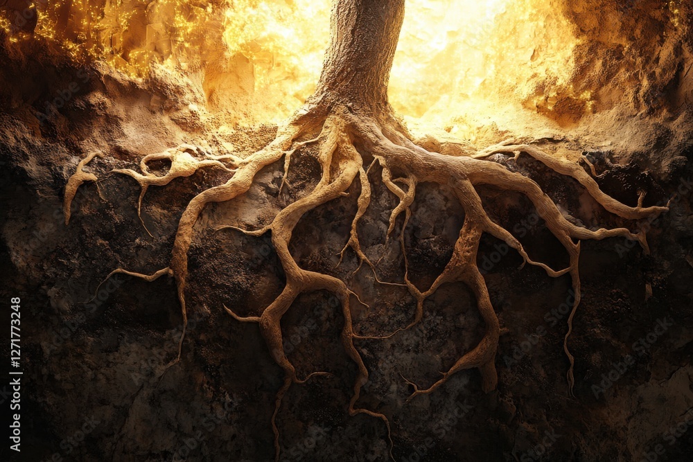 Poster a striking image of a tree's roots emerging from dark soil, illuminated by a fiery glow, symbolizing