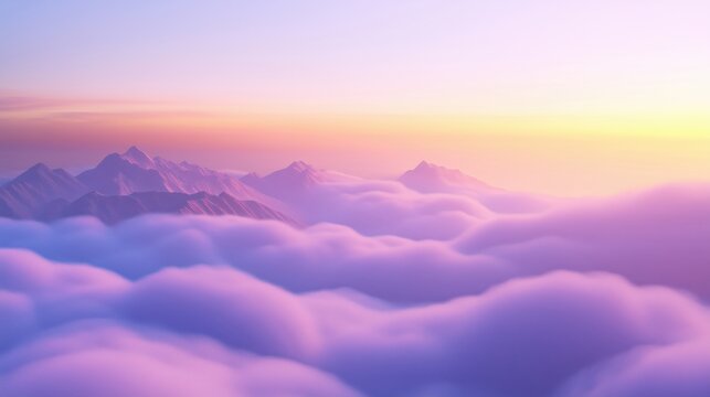 A breathtaking view of mountains above soft clouds during sunrise with pastel colors.