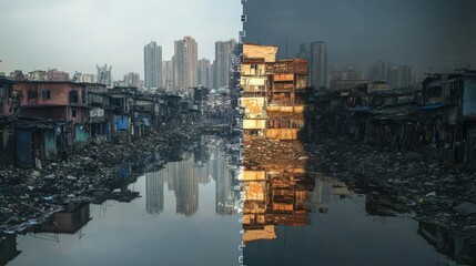 Fototapeta premium Split image showing contrast between wealthy city skyline and impoverished slum.