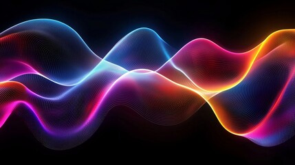 Vibrant abstract wave lines in blue, pink, and orange with dynamic flowing motion, forming a futuristic light pattern against a black background.