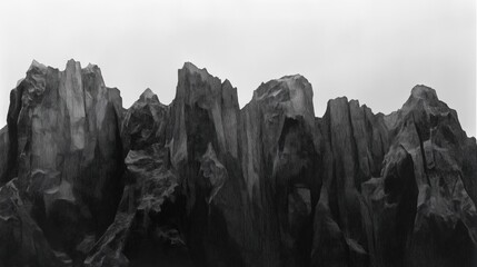 A dramatic black and white image of a rugged mountain range with sharp peaks.