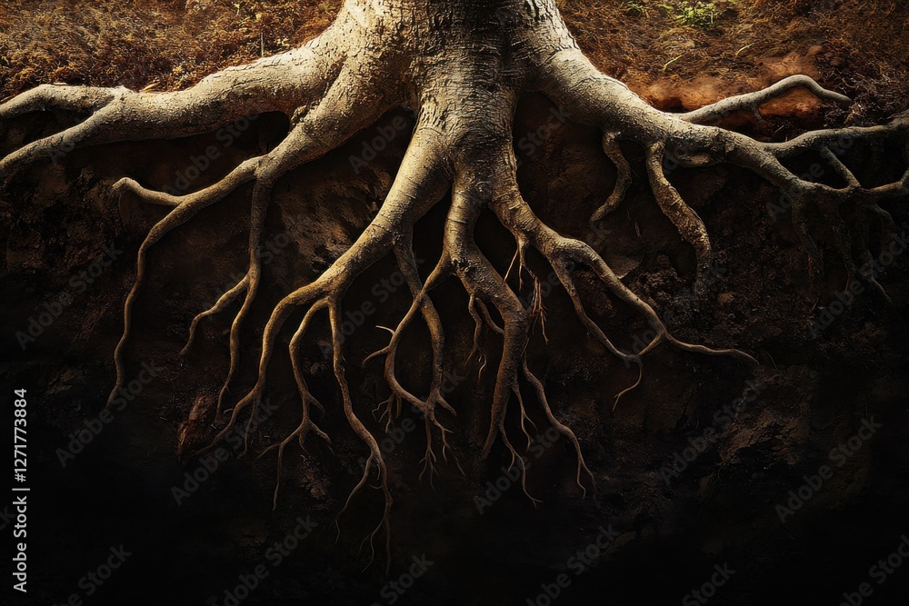 Aufkleber a close-up view of tree roots extending into dark soil, showcasing their intricate structure and con
