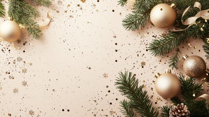 A soft background with a touch of wintry sparkle accents elegant holiday ornaments and pine branches