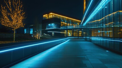 Light trails on the modern building background. Light trails at night in urban environment, Abstract Motion Blur City, traffic, transportation, street, road, speed