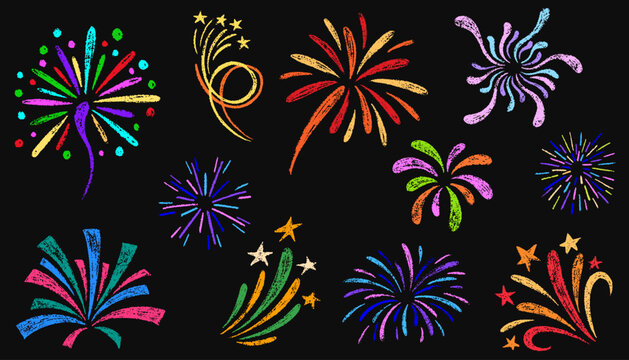 Doodle crayon fireworks. Set of colorful pencil drawn lightning, explosion, sun rays, swirls, firecrackers, sparkles, motion effects. Bursting rays line icon. Vector illustration in kid's style