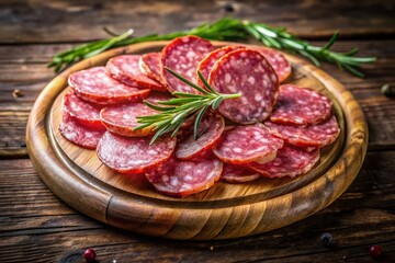 Obraz premium Delicious Salami Slices on Rustic Wooden Plate - Gourmet Food Photography