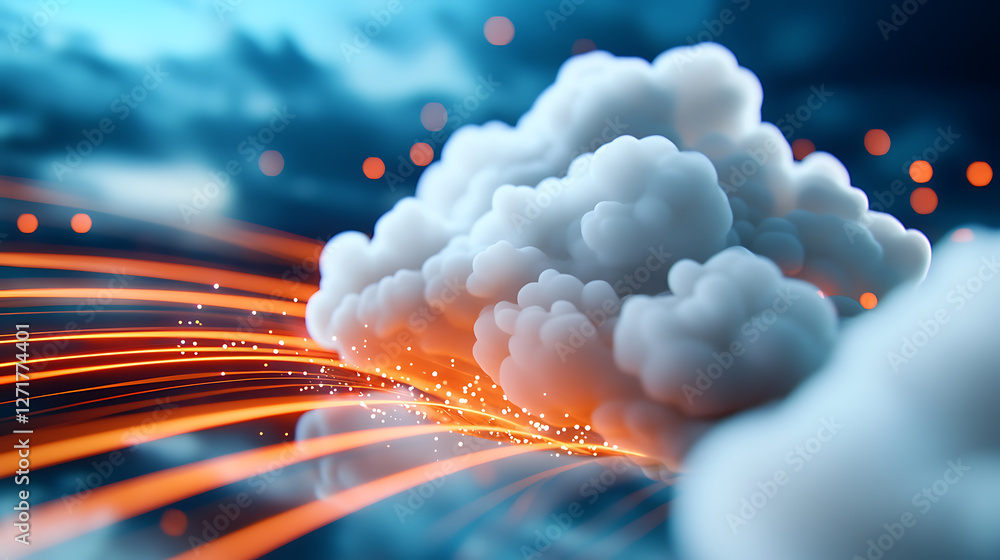 Poster futuristic data transfer in illuminated cloud pathways digital landscape graphic design abstract env
