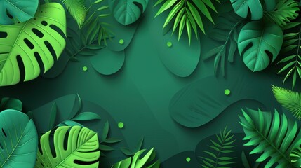 Lush green tropical foliage background featuring various leaf shapes and textures, ideal for nature themes