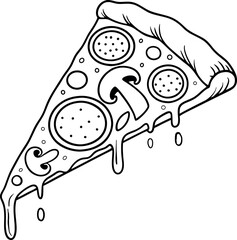 illustration of a pizza isolated on white background. pizza slice with salami,mushrooms, basil leaf and melted cheese for pizzeria package and menu designs. Flat Vector illustration.