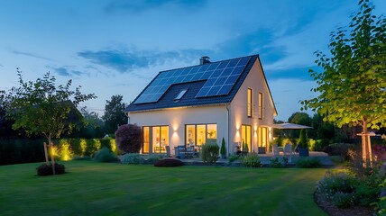 Sustainable solar panel home, innovative house night sky roof, efficient exterior property evening technology, renewable ecological environmental, modern clean energy