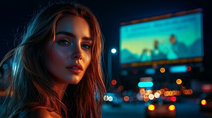 AI-generated advertisement displayed on a massive city billboard at night, featuring a digital model with neon lights and urban traffic in the background.