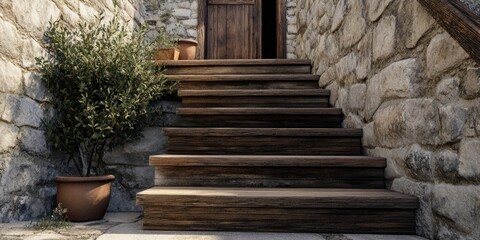 Fototapeta premium Wooden Staircase Leading Up to Stone Building