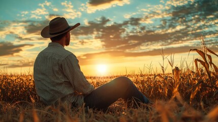 Fototapeta premium A serene sunset scene featuring a lone figure in a field, wearing a hat, reflecting on the beauty of nature.