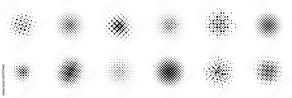 Poster Twelve black halftone circles display varying dot patterns, creating diverse gradients and textures on a white background, showcasing the classic pop art effect in a minimalist style.