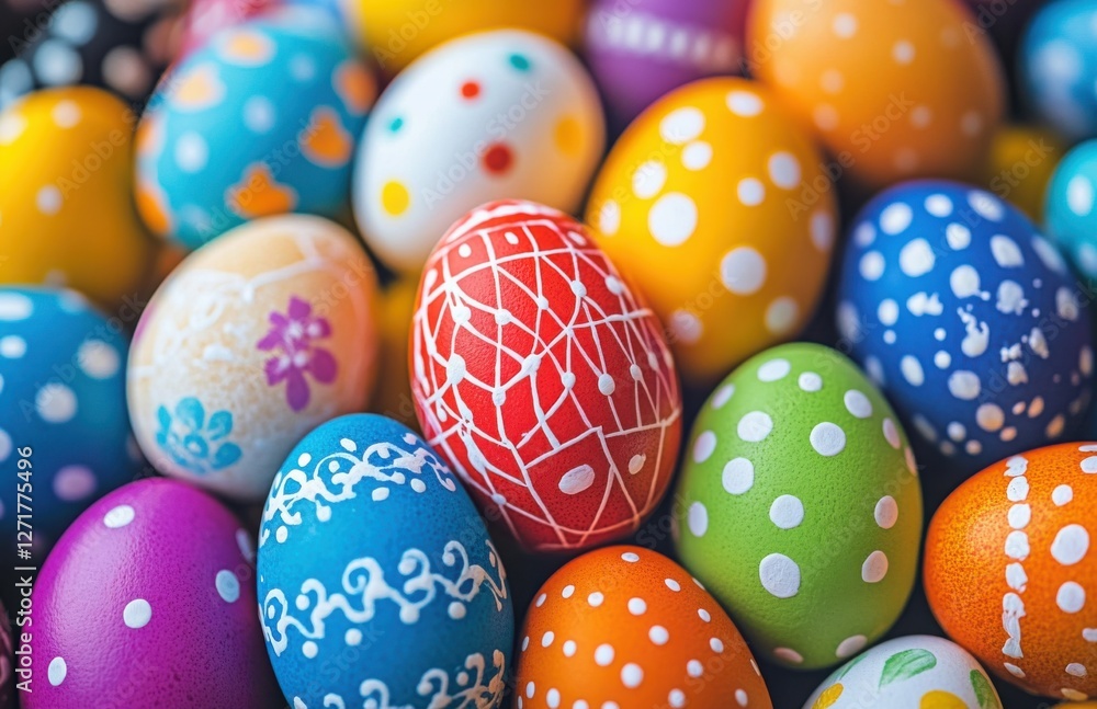 Poster colorful easter eggs with patterns and designs, arranged in an assortment of colors, displayed on th