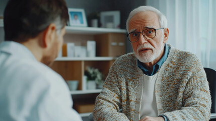 Senior man discusses health concerns with doctor in a calm office setting during a daytime appointment