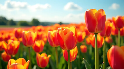 Obraz premium Vibrant tulip fields in full bloom under a clear sky.