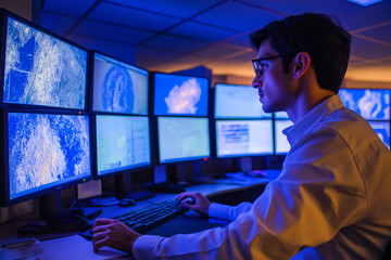 A scientist analyzing earthquake data on multiple monitors in a high-tech research lab.