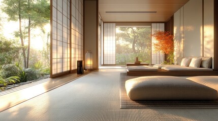 Serene Japanese garden room sunrise zen