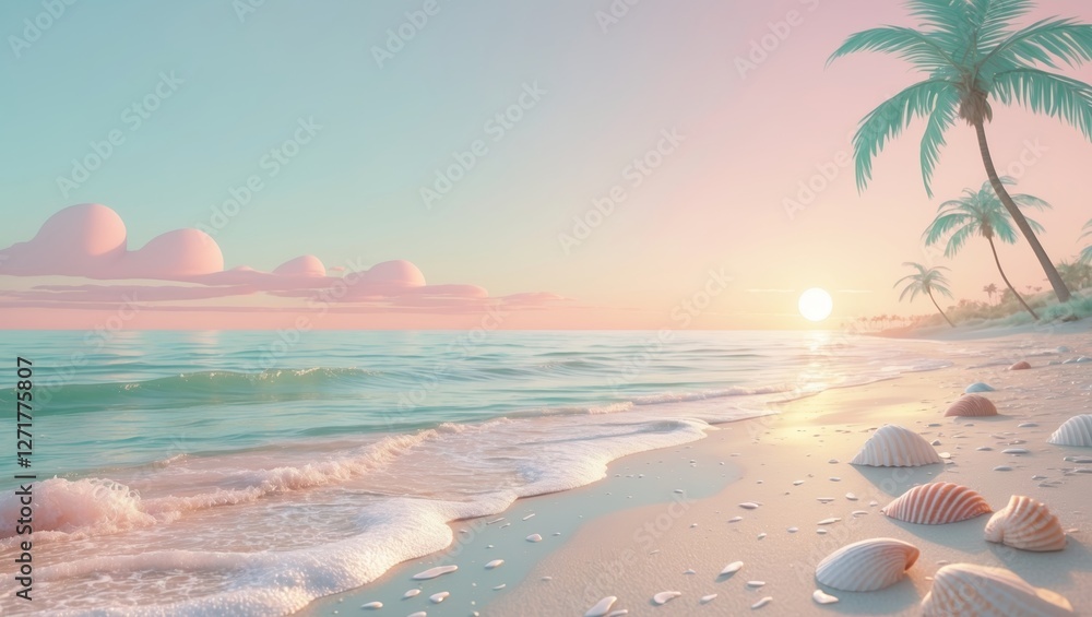 Poster sunset over a tranquil beach with seashells lining the shore and palm trees swaying gently in the br