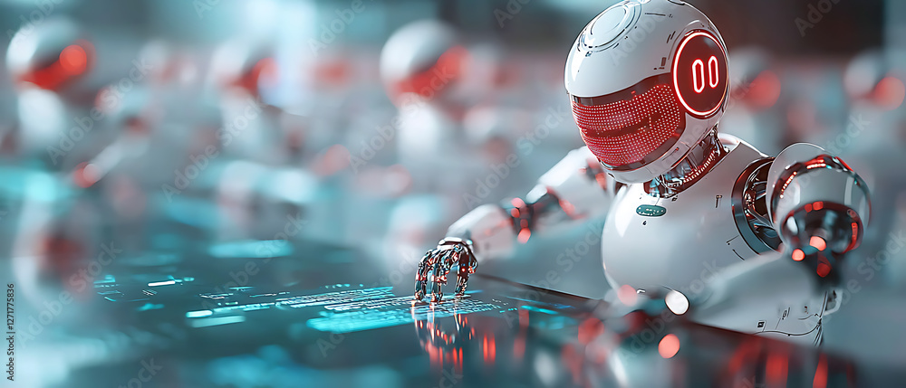 Poster glowing robotic systems in action futuristic industrial environment digital interaction high-tech wo