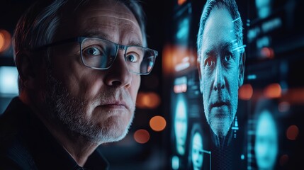 Cybersecurity expert analyzing a deepfake detection system on a futuristic screen, examining AI-generated face manipulation in digital forensics.