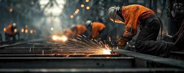 Large scale welding work in shipyard industrial environment action-packed scene
