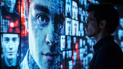 Cybersecurity specialist analyzing deepfake detection software on a digital display, verifying AI-generated facial recognition and manipulation.