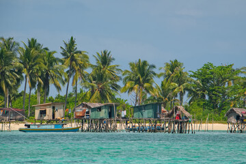 East Malaysia. island of Borneo. November 29, 2018. Sea Gypsy village on a sandy coral reef island. The main trade of local residents is fishing and sea Souvenirs.