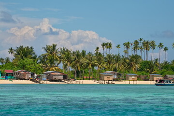 East Malaysia. island of Borneo. November 29, 2018. Sea Gypsy village on a sandy coral reef island. The main trade of local residents is fishing and sea Souvenirs.