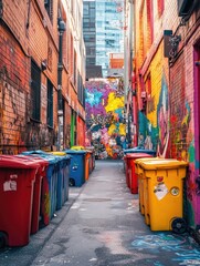 Narrow Alley with Trash Cans and Graffiti