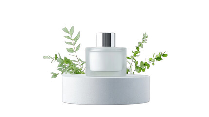 A white bottle with a green leaf on top of a white pedestal