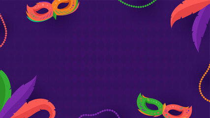 Purple Mardi Gras carnival template with some empty space, mask, feather, and bead on purple background