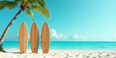 Tropical Beach Paradise Three Surfboards Resting Under a Palm Tree on a Pristine Sandy Shore with Turquoise Ocean