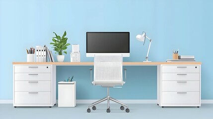 Modern Minimalist Home Office Workspace with White Desk and Blue Walls