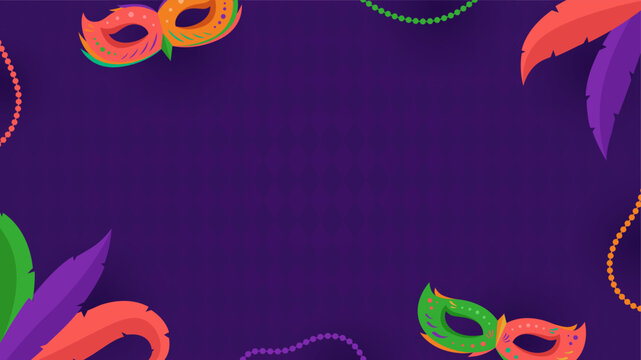 Purple Mardi Gras carnival template with some empty space, mask, feather, and bead on purple background