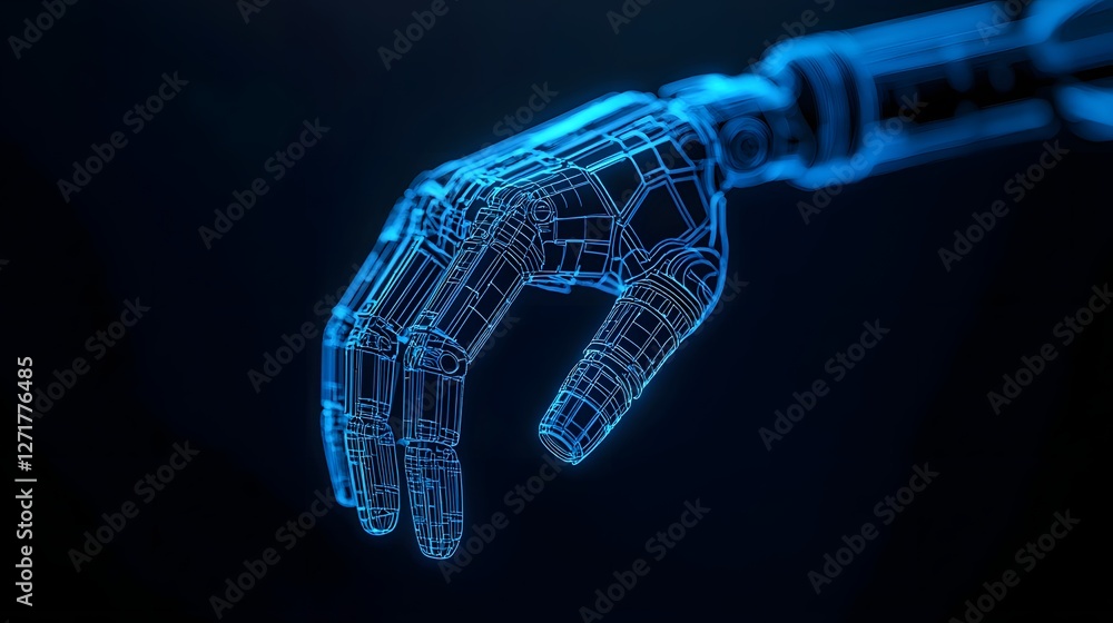 Poster floating holographic robotic arm blueprint detailed mechanical visualization of a high tech engineer