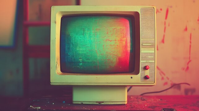 Vintage CRT monitor with colorful screen.