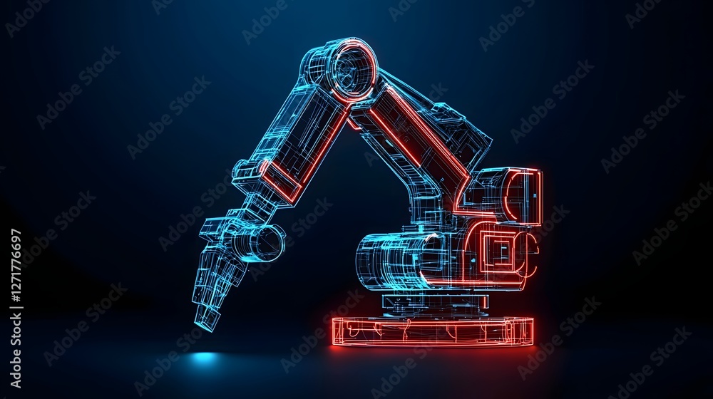 Poster floating holographic robotic arm blueprint high tech engineering innovation