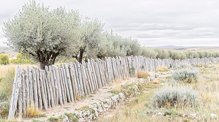 Fototapeta premium series of tree fences in varying heights, forming a rustic and organic boundary line, isolated on a white background with room for creative use series of tree fences, varying heights, rustic 