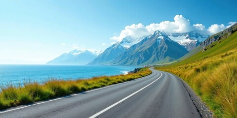 Scenic Coastal Highway Winding Through Majestic Mountains Under a Bright Sunny Sky