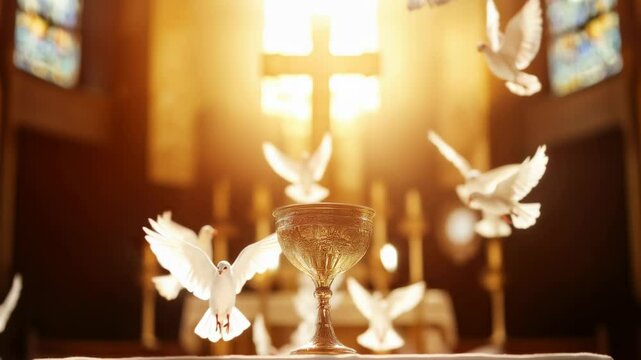 Chalice with cross at altar surrounded by doves in flight a symbol of the holy eucharist