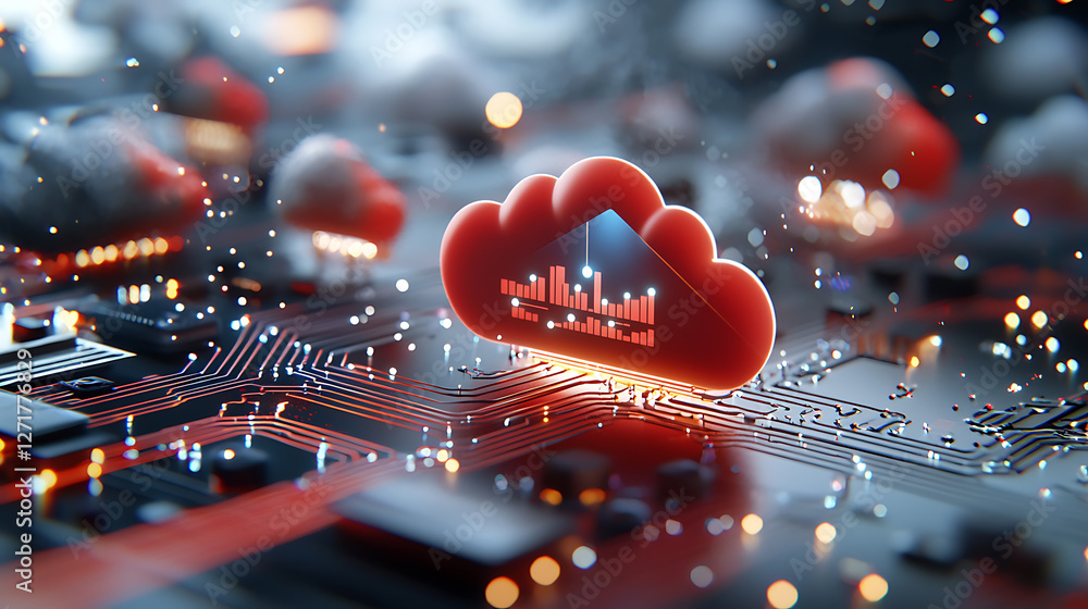 Poster high-speed interconnected digital clouds glowing on circuit board technology graphic futuristic envi