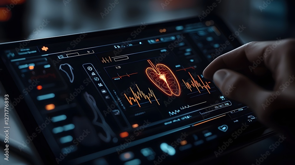 Poster futuristic 3d holographic medical scan with floating organ visualization displayed on an advanced cl