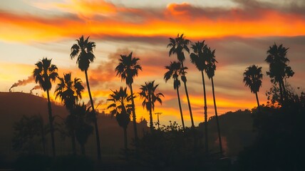 Iconic palm trees silhouetted against an orange sunset with smoke rising from the hills