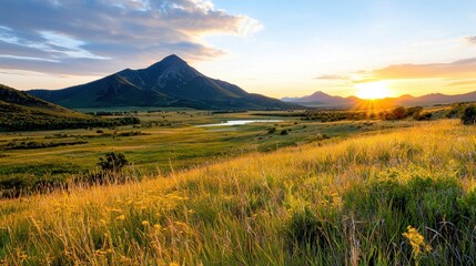 Serene Landscape at Sunset with Mountain View