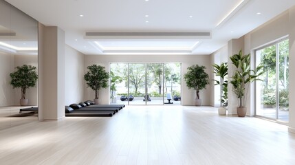 Tranquil yoga studio with outdoor view, light wood floors, and potted plants
